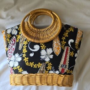 Floral Black and Yellow Woven Handle Bag